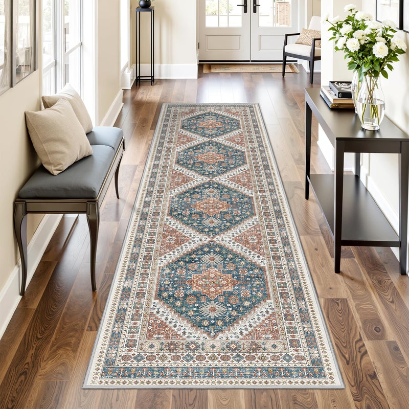 Restydon Runner Rug 2x8 Runners for Hallways Non Slip Washable, Vintage Hallway Runner Rugs for Living Room, Low Pile Soft Hallway Rug for Kitchen Bedroom Laundry Room Rug(Blue/Red,2'x8') - Image 1