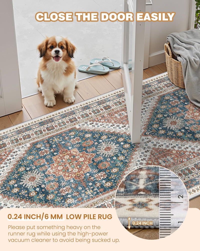 Restydon Runner Rug 2x8 Runners for Hallways Non Slip Washable, Vintage Hallway Runner Rugs for Living Room, Low Pile Soft Hallway Rug for Kitchen Bedroom Laundry Room Rug(Blue/Red,2'x8') - Image 5