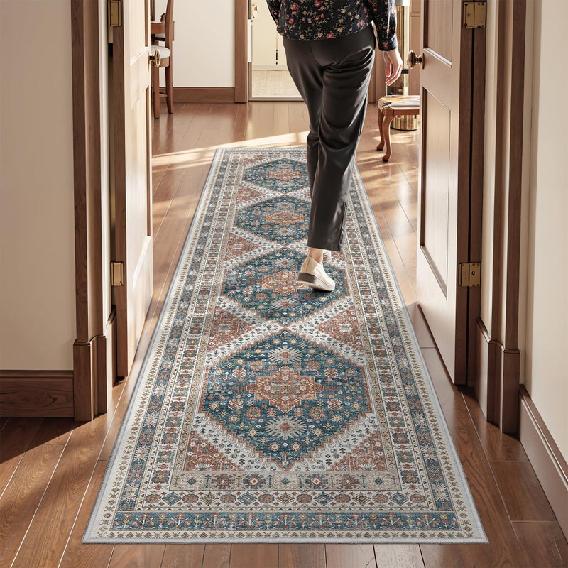 Restydon Runner Rug 2x8 Runners for Hallways Non Slip Washable, Vintage Hallway Runner Rugs for Living Room, Low Pile Soft Hallway Rug for Kitchen Bedroom Laundry Room Rug(Blue/Red,2'x8') - Image 3