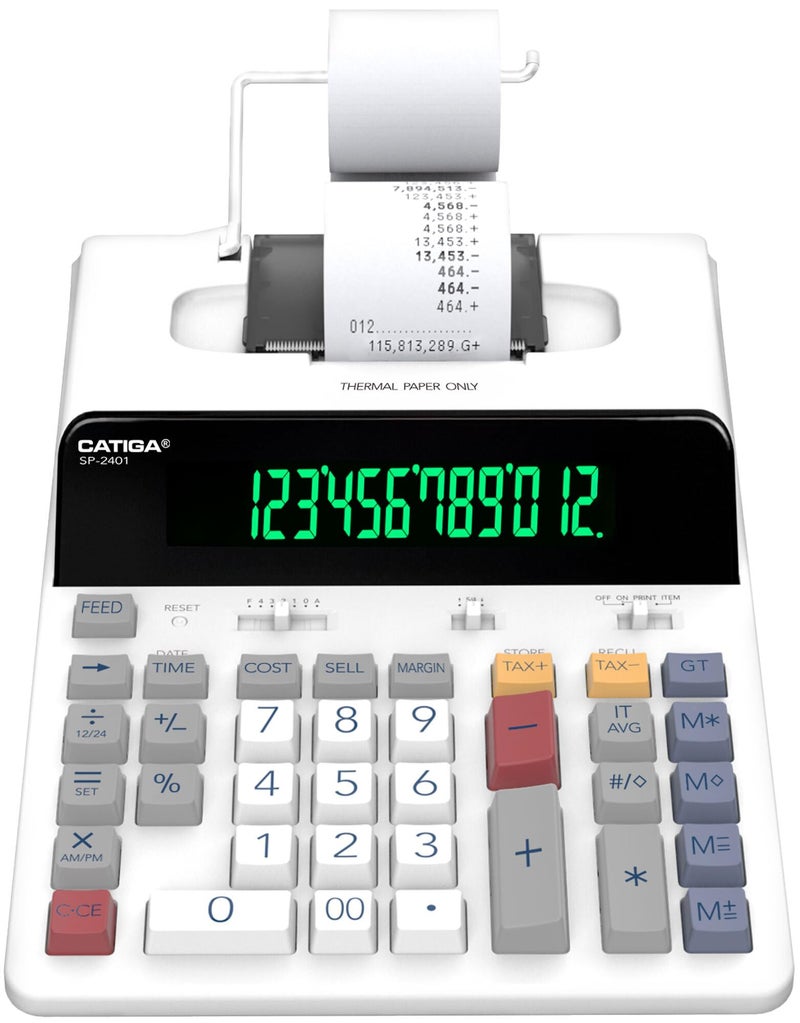 CATIGA 12 Digit Thermal Printing Calculator with Tape Print Out InkFree Adding Machine 5X Faster Quite at 80 LPS Extra Large Fluorescent Display Tax Calculation with Clock and Calendar SP2401 - Image 2
