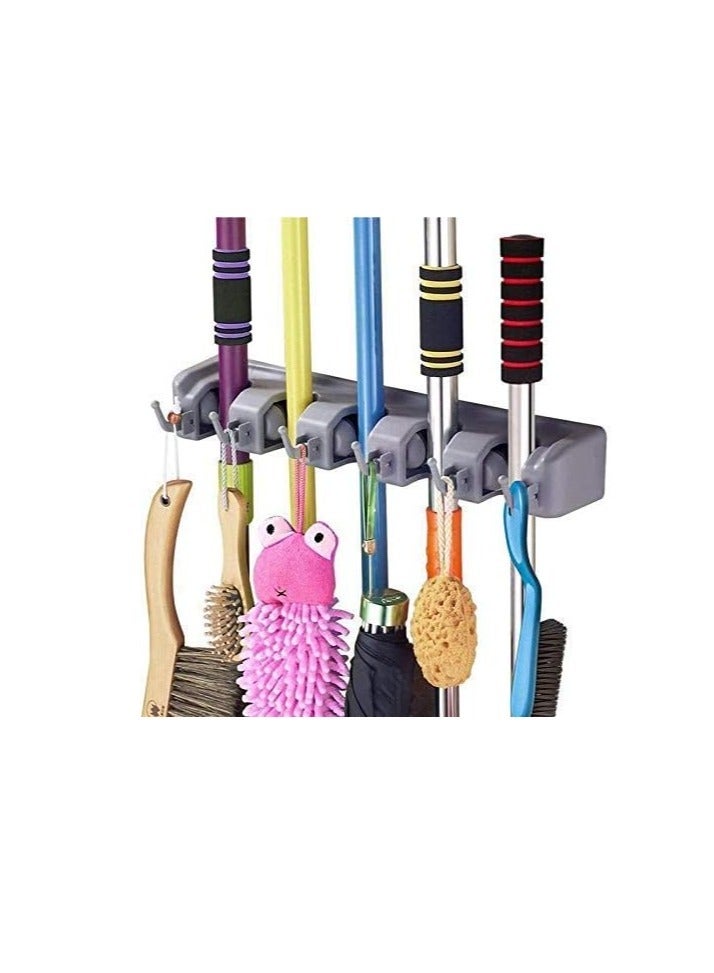 ELTRAZONE "Plastic Broom and Mop Holder – Wall-Mounted Organizer with 4 Slots and 5 Hooks, Holds Up to 9 Tools" - Image 1
