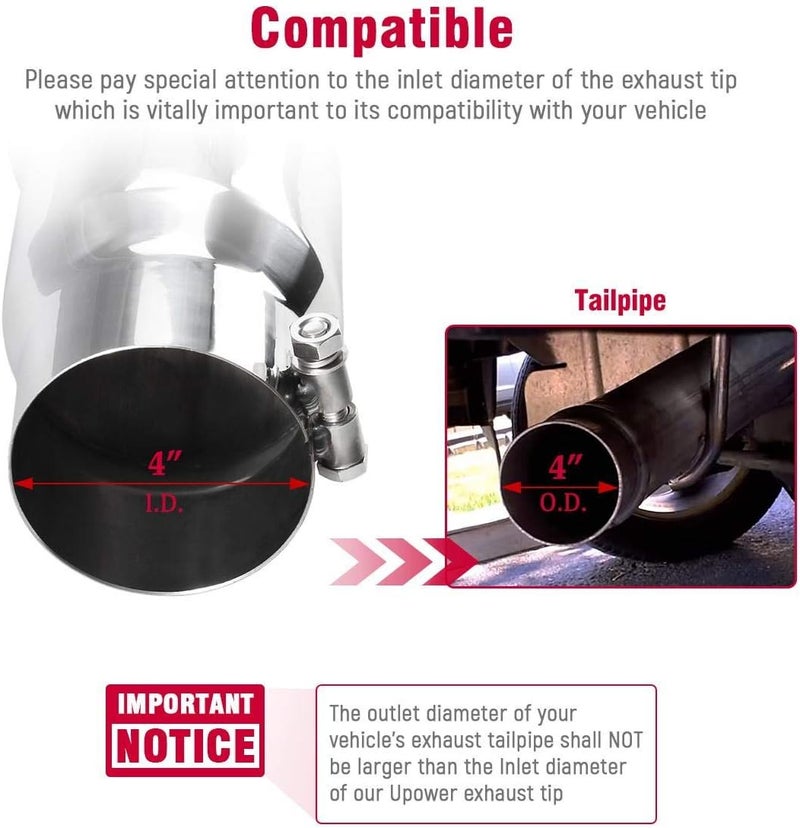 Upower Diesel Exhaust Tip - 4" Inlet, 5" Outlet, 16" Long Stainless Steel 304 Bolt-On Tailpipe - Image 2