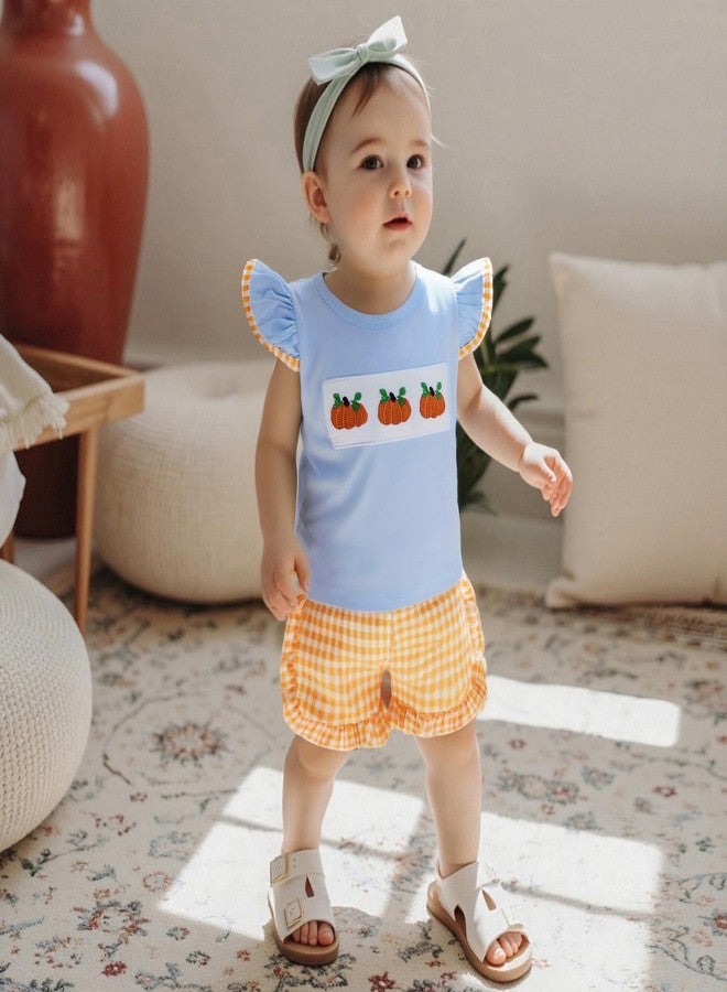 Karuedoo Toddler Baby Girl Halloween Outfit Pumpkin Embroidery Flutter Sleeve T Shirt Top and Plaid Ruffle Shorts Set (Blue Orange, 4-5T) - Image 3