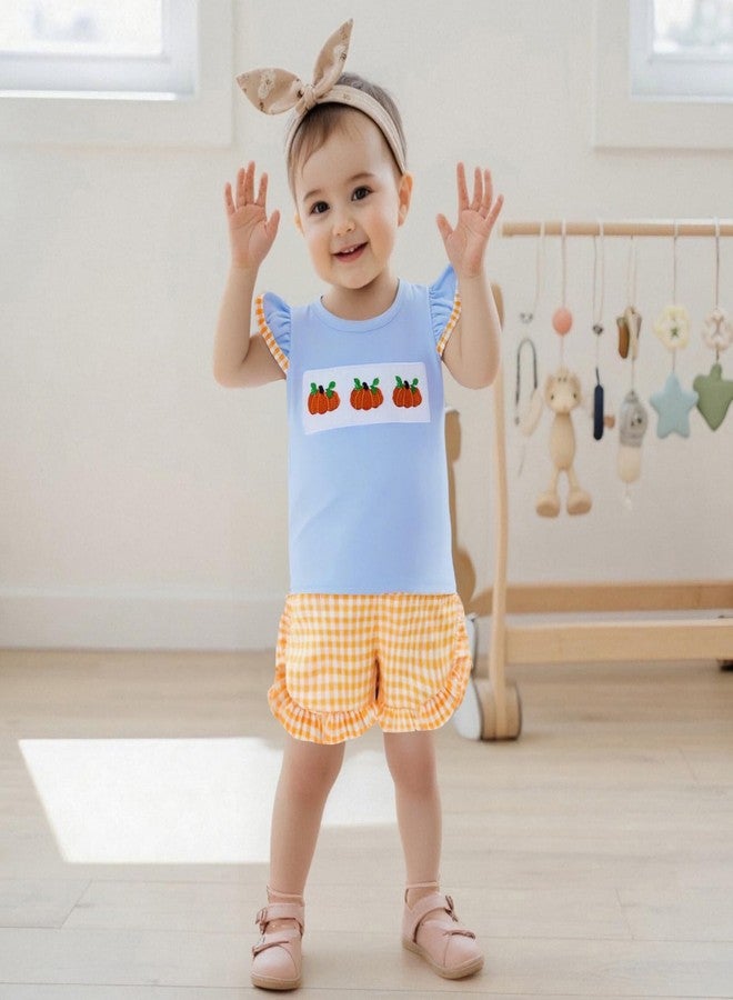 Karuedoo Toddler Baby Girl Halloween Outfit Pumpkin Embroidery Flutter Sleeve T Shirt Top and Plaid Ruffle Shorts Set (Blue Orange, 4-5T) - Image 4