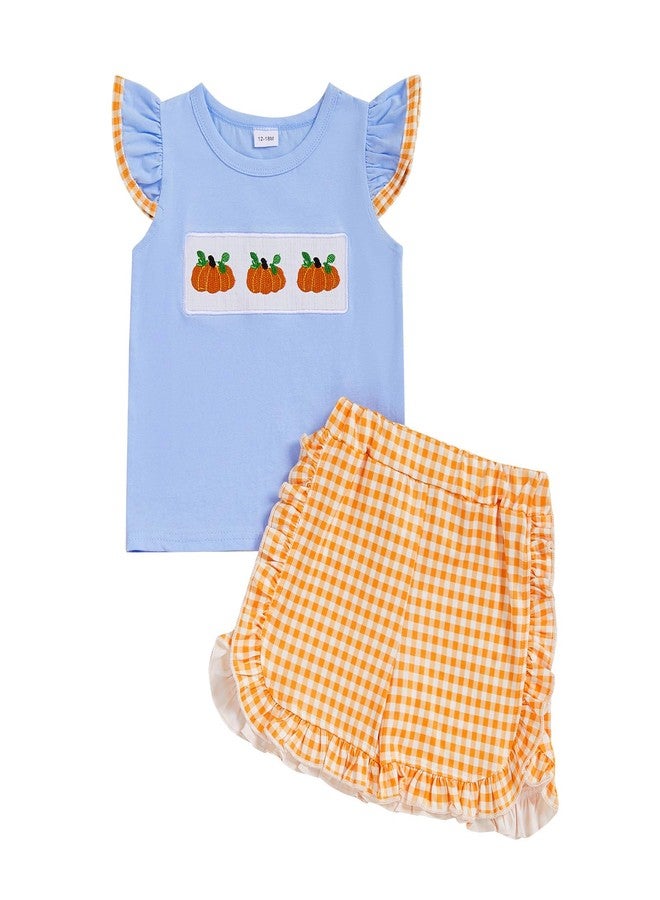 Karuedoo Toddler Baby Girl Halloween Outfit Pumpkin Embroidery Flutter Sleeve T Shirt Top and Plaid Ruffle Shorts Set (Blue Orange, 4-5T) - Image 1
