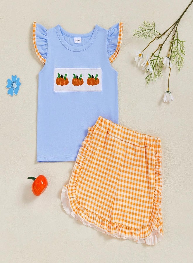Karuedoo Toddler Baby Girl Halloween Outfit Pumpkin Embroidery Flutter Sleeve T Shirt Top and Plaid Ruffle Shorts Set (Blue Orange, 4-5T) - Image 5