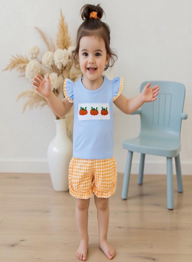Karuedoo Toddler Baby Girl Halloween Outfit Pumpkin Embroidery Flutter Sleeve T Shirt Top and Plaid Ruffle Shorts Set (Blue Orange, 4-5T) - Image 2