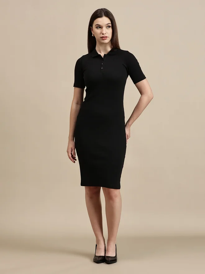 Ecolore Black Plain Short Sleeve Polo T-Shirt Dress