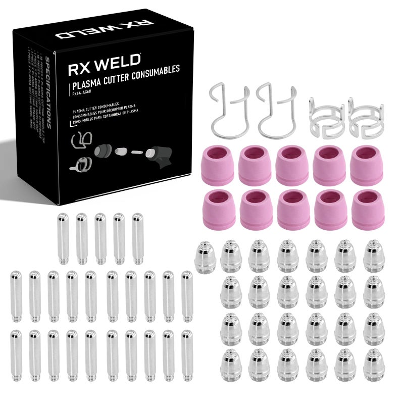 RX WELD 64PCS AG60P Plasma Cutter Torch Consumables Electrode Nozzles Cups Kit Galvanized Copper Ceramic AG60 Consumables