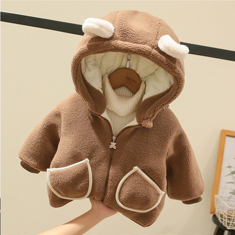 Kids Fleece Jacket Winter Warm Hooded Coat Brown  - Image 1
