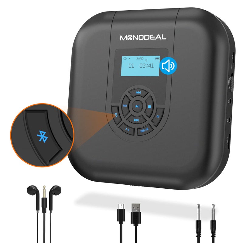 MONODEAL CD Player Portable, MONODEAL Bluetooth CD Player with Speakers and FM Transmitter, Rechargeable 1800mAh Player for Car and Home with LED Screen - Image 1