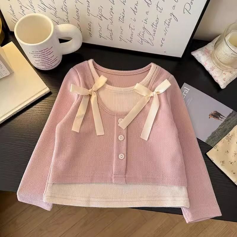 Girls' Sweet All-Match Fake Two-Piece T-Shirt Top 2025 Spring New Korean Style Children'S Fashion Stylish Base Shirt