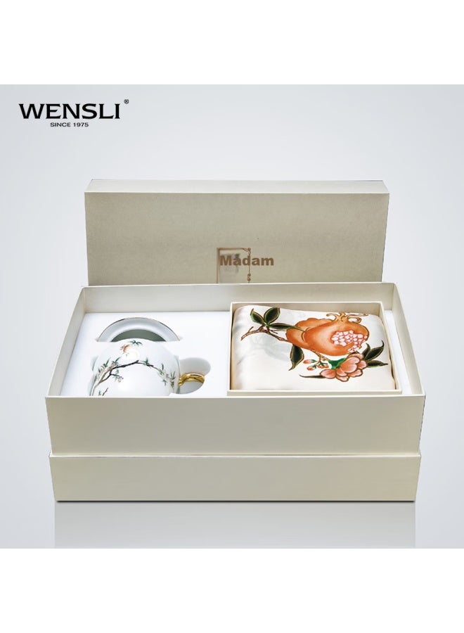 Wanshili Silk Porcelain Gift Set Silk Scarf Mulberry Silk Long Scarf Mother's Birthday Gift Pomegranate Manor Lady Gift - Image 1