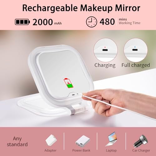 DESCHEN Rechargeable Travel Makeup Vanity Mirror with Lights and Magnification, Portable 1X/10X Magnifying Mirror with 3 Color Light, Lighted Makeup Mirror with Magnification, Folding LED Desk Mirror - Image 4