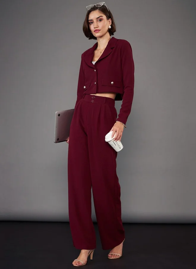 SASSAFRAS Burgundy Notch Collar Crop Blazer With Trousers Co-Ords