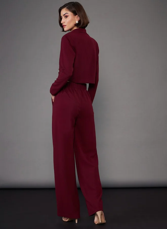 SASSAFRAS Burgundy Notch Collar Crop Blazer With Trousers Co-Ords