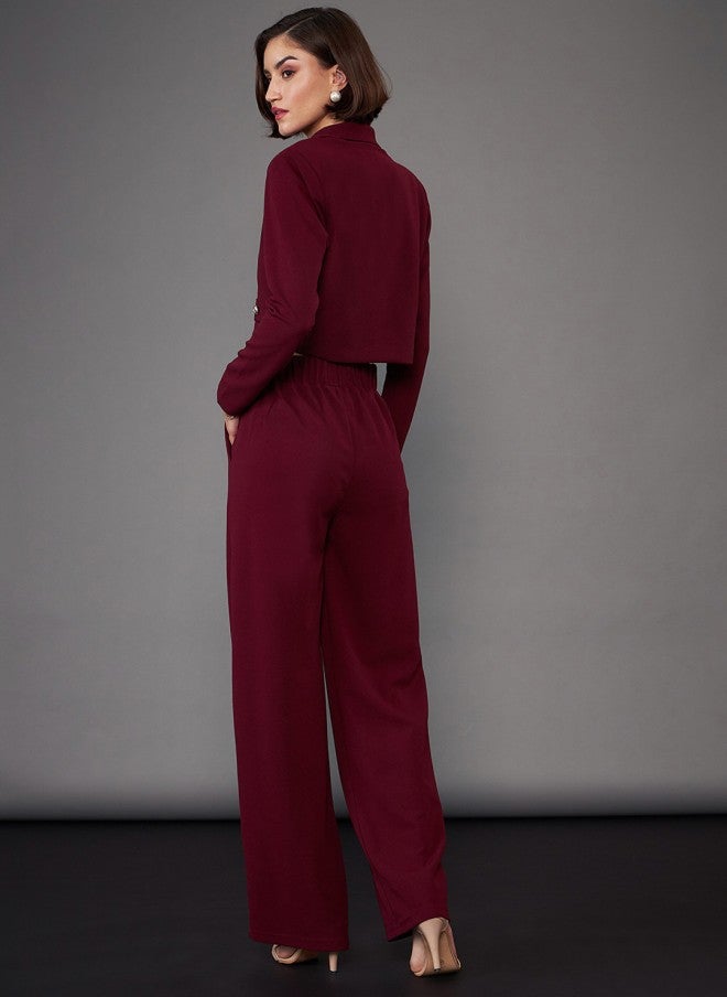 SASSAFRAS Burgundy Notch Collar Crop Blazer With Trousers Co-Ords - Image 5
