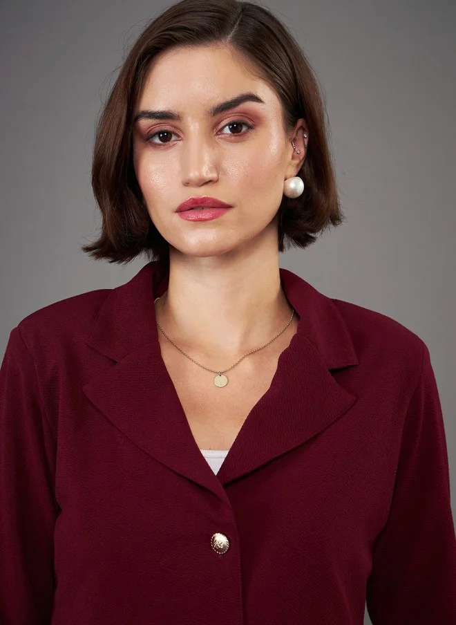 SASSAFRAS Burgundy Notch Collar Crop Blazer With Trousers Co-Ords