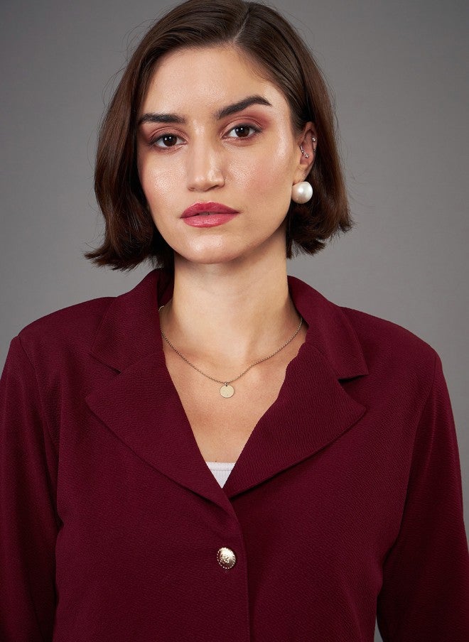 SASSAFRAS Burgundy Notch Collar Crop Blazer With Trousers Co-Ords - Image 2