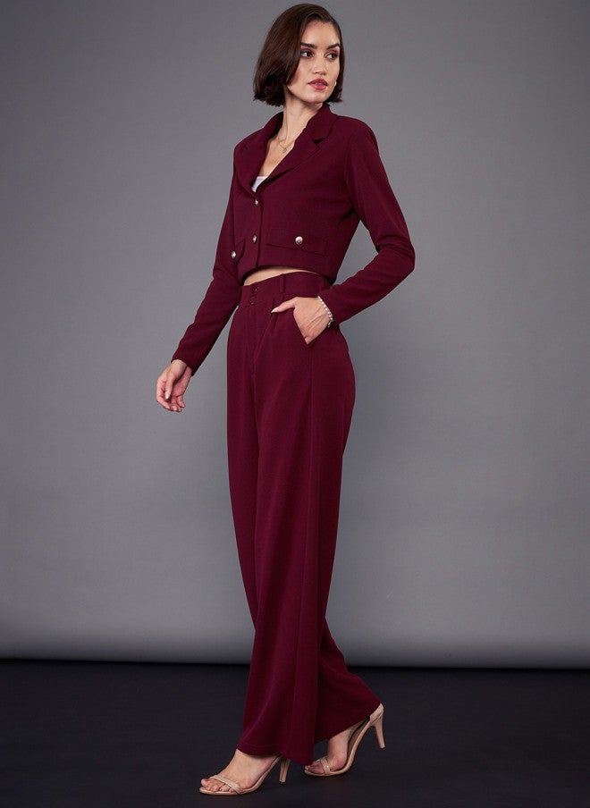 SASSAFRAS Burgundy Notch Collar Crop Blazer With Trousers Co-Ords - Image 4
