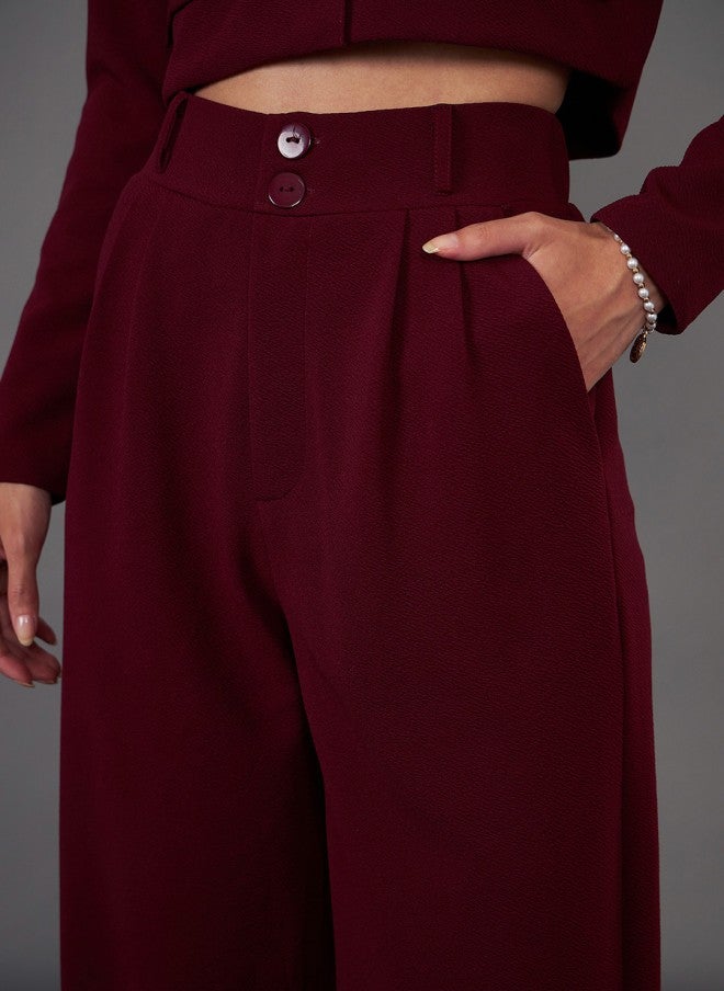 SASSAFRAS Burgundy Notch Collar Crop Blazer With Trousers Co-Ords - Image 3