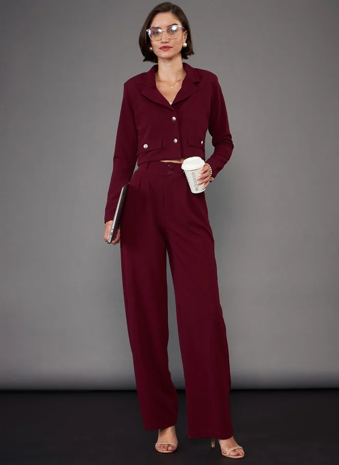 SASSAFRAS Burgundy Notch Collar Crop Blazer With Trousers Co-Ords