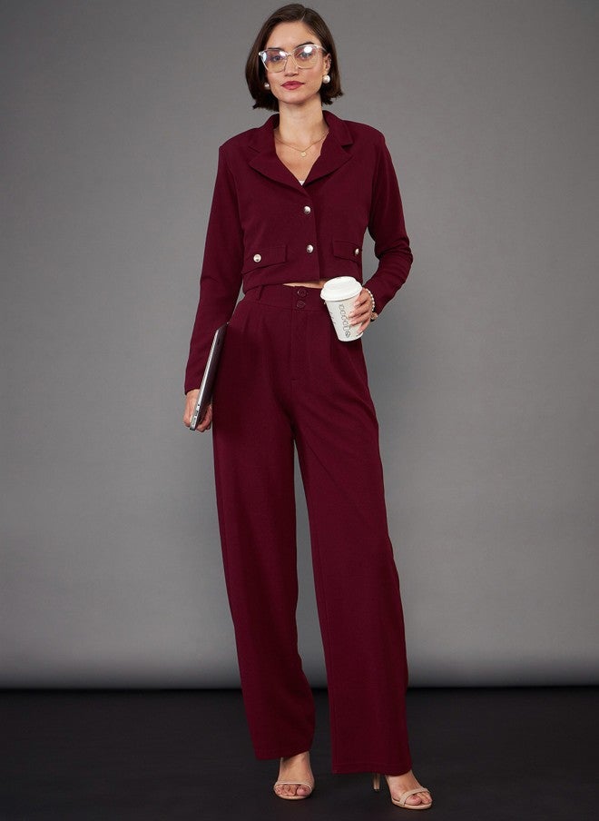 SASSAFRAS Burgundy Notch Collar Crop Blazer With Trousers Co-Ords - Image 1