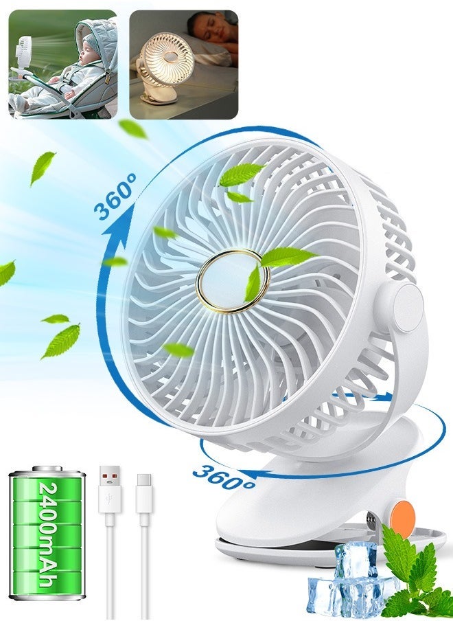 PINREK مروحة طاولة متعددة الوظائف، مروحة مشبك، مروحة محمولة بمحرك هادئ للغاية مع بطارية 2400 مللي أمبير/5 إعدادات سرعة/ميزة دوران ثابت 720 درجة/ضوء ليلي/تصميم غطاء أمان قابل للفك مروحة مكتبية، مروحة مثبتة على الحائط، مروحة صغيرة قابلة للشحن من نوع C للتخييم، السيارة، المنزل، غرفة النوم، المكتب، عربات الأطفال - Image 1