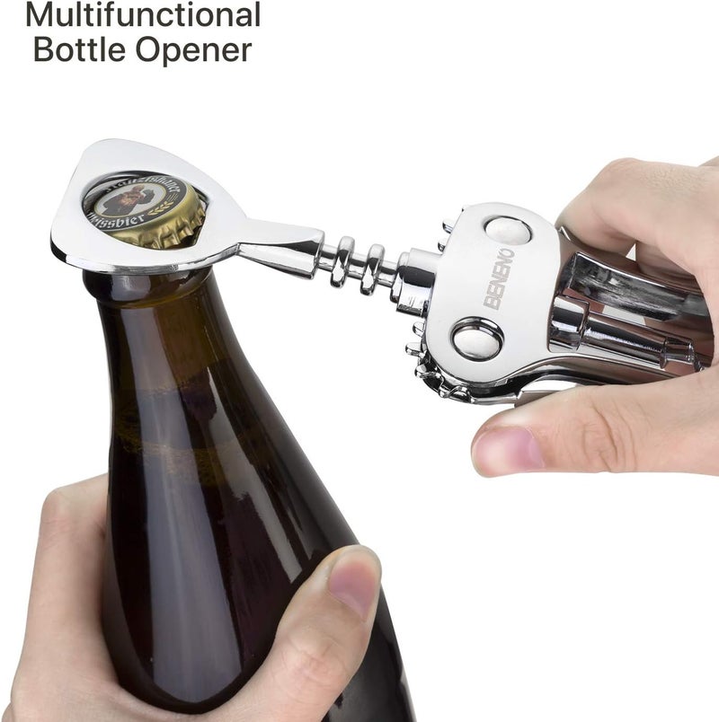 Beneno Wine Opener, Zinc Alloy Premium Wing Corkscrew with Multifunctional Bottles Opener, Sharp Wine Corkscrew with Ergonomic Non-Slip Wing Handle, Silver - Image 2