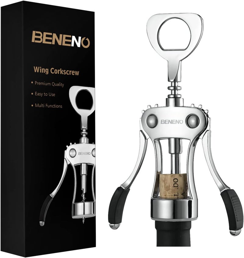 Beneno Wine Opener, Zinc Alloy Premium Wing Corkscrew with Multifunctional Bottles Opener, Sharp Wine Corkscrew with Ergonomic Non-Slip Wing Handle, Silver - Image 1