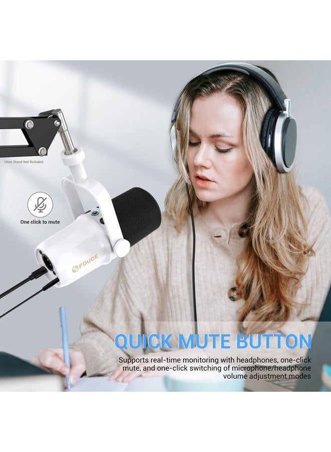 FDUCE SL40 Dynamic Microphone for Podcasting, Gaming, Live Streaming & Recording, Built-in Headphone Output, LED Mute Button, All Metal USB/XLR, Voice-Isolating Technology（White） - Image 2