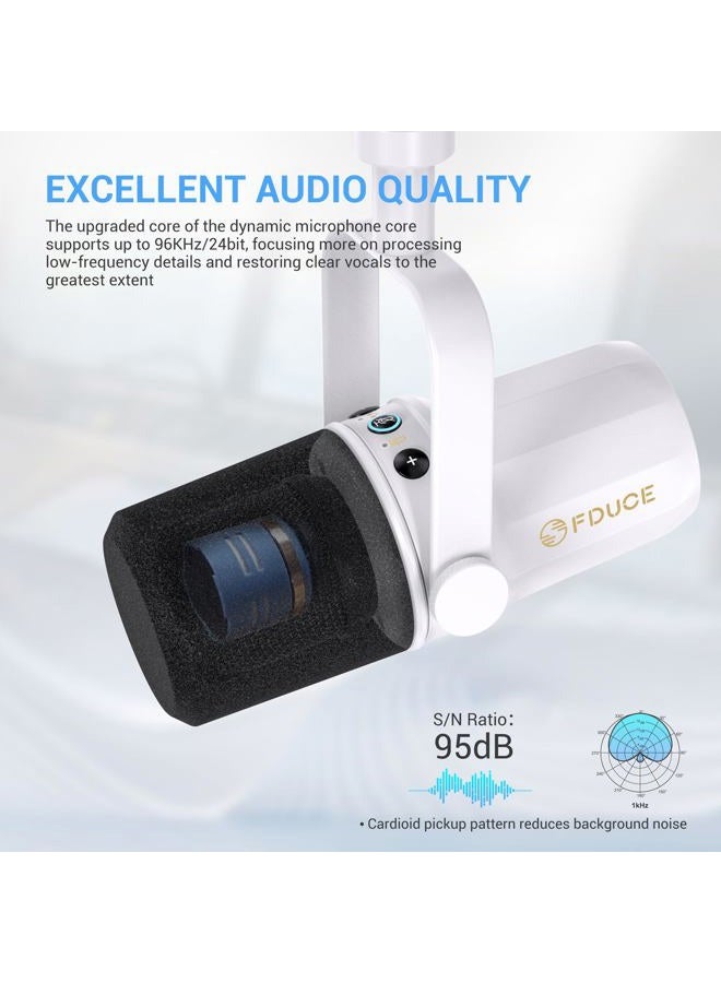 FDUCE SL40 Dynamic Microphone for Podcasting, Gaming, Live Streaming & Recording, Built-in Headphone Output, LED Mute Button, All Metal USB/XLR, Voice-Isolating Technology（White） - Image 4