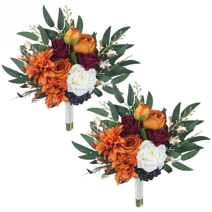 2PCS FALL WEDDING BOUQUETS FOR BRIDESMAIDS BURNT ORANGE BRIDESMAID ARTIFICIAL FLOWERS TERRACOTTA BOUQUET WEDDING CEREMONY TERRACOTTA BRIDESMAID BOUQUETS