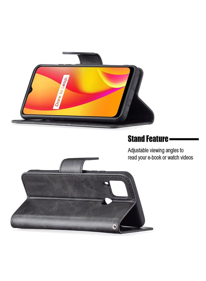 اس-توب جراب لهاتف OPPO Realme C15/C12/C25 جراب جلد PU أفقي قابل للطي بلون نقي وملمس جلد الحمل مع حامل وفتحات للبطاقات ومحفظة وحبل تثبيت - Image 4