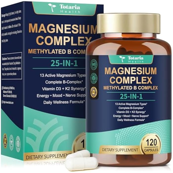 Totaria 25-in-1 Magnesium Complex with Methylated B Complex Magnesium Glycinate Citrate Malate Taurate Gluconate Aspartate Carbonate D3 K2, Magnesium Supplement for Relaxation Energy & Nerve, 120 Vegan Caps - Image 1