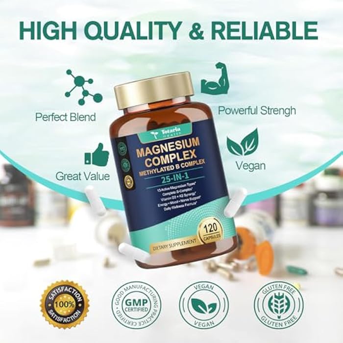 Totaria 25-in-1 Magnesium Complex with Methylated B Complex Magnesium Glycinate Citrate Malate Taurate Gluconate Aspartate Carbonate D3 K2, Magnesium Supplement for Relaxation Energy & Nerve, 120 Vegan Caps - Image 5
