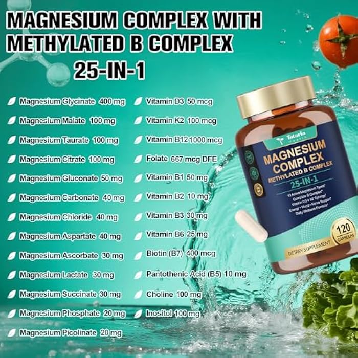Totaria 25-in-1 Magnesium Complex with Methylated B Complex Magnesium Glycinate Citrate Malate Taurate Gluconate Aspartate Carbonate D3 K2, Magnesium Supplement for Relaxation Energy & Nerve, 120 Vegan Caps - Image 2