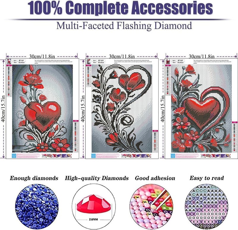 mrpwnle 3 Pack Diamond Art Kits for Adults, Valentines Day Heart Flowers Diamond Painting Kits, 5D Diamonds Painting, DIY Full Drill Gem Art Crafts Kit Home Wall Decor Gifts 11.8x15.7 inch - Image 4