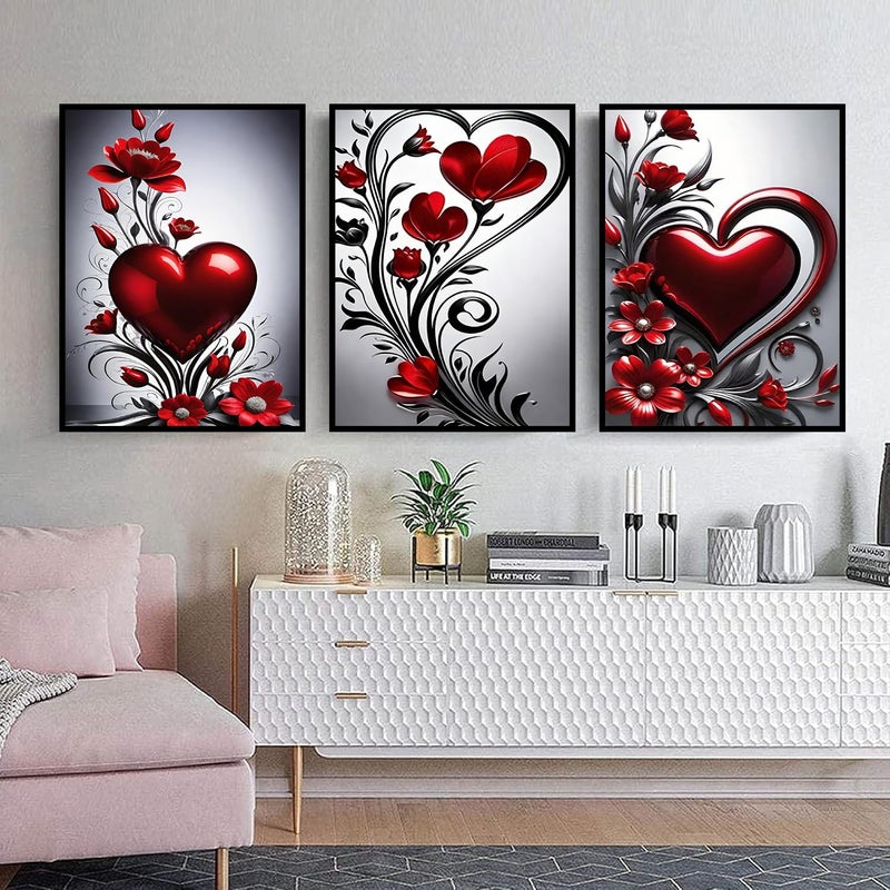 mrpwnle 3 Pack Diamond Art Kits for Adults, Valentines Day Heart Flowers Diamond Painting Kits, 5D Diamonds Painting, DIY Full Drill Gem Art Crafts Kit Home Wall Decor Gifts 11.8x15.7 inch - Image 3