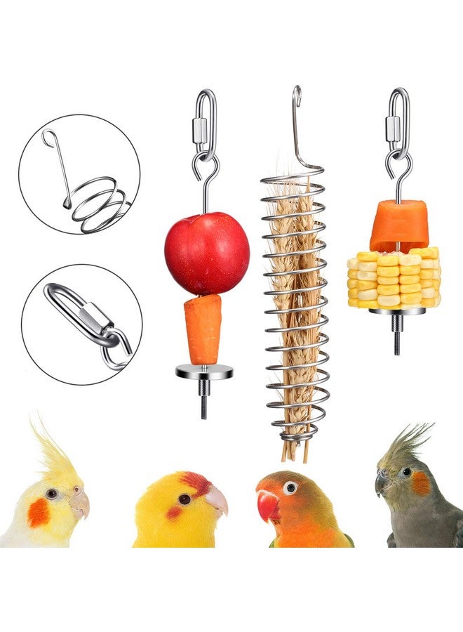 Shappy 3 Pieces Bird Food Holder Stainless Steel Parrot Hanging Vegetable Fruit Feeder Bird Treat Skewer Include 2 Pieces Small and Large Fruit Fork and a Food Basket, Parrot Foraging Toy - Image 1