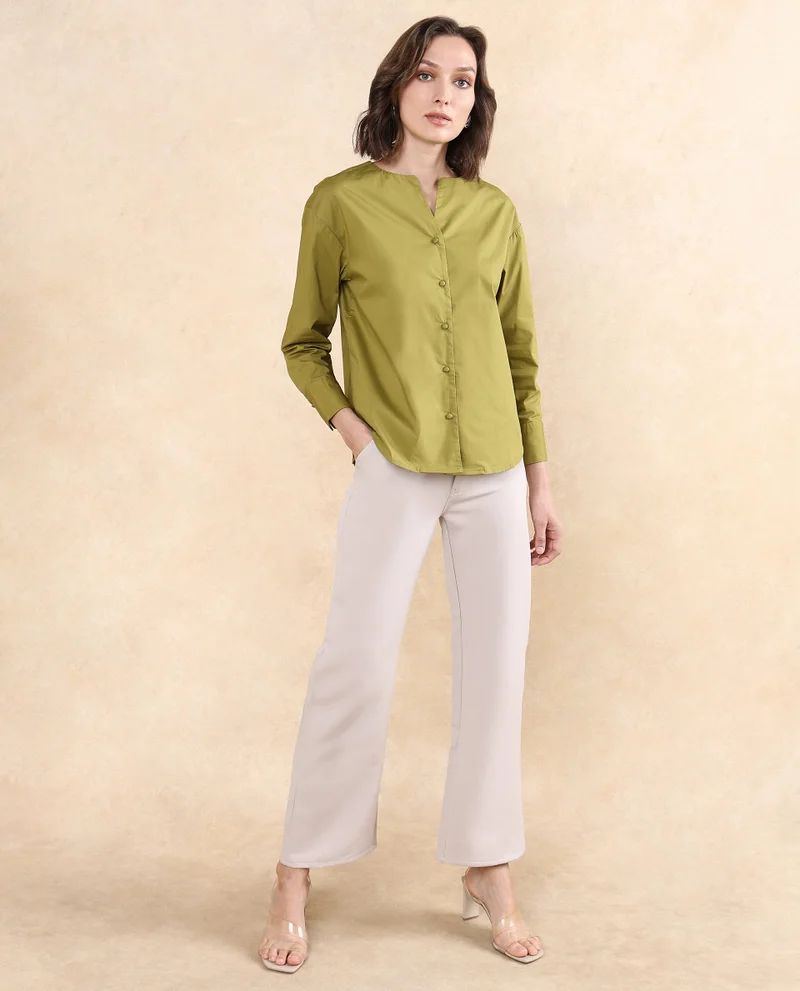 Rareism Women's Cuffed Sleeve Round Neck Button Plain Top