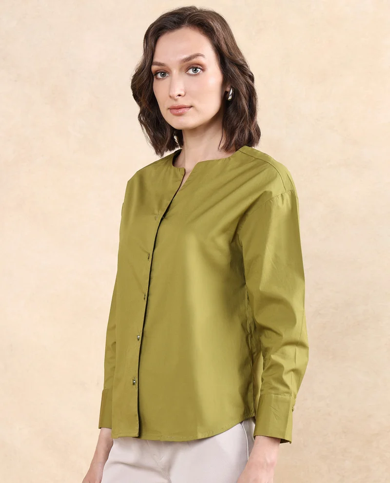 Rareism Women's Cuffed Sleeve Round Neck Button Plain Top