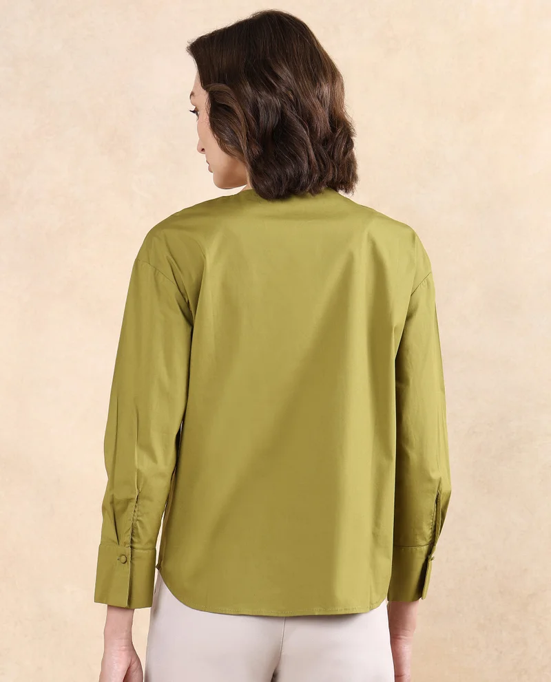 Rareism Women's Cuffed Sleeve Round Neck Button Plain Top