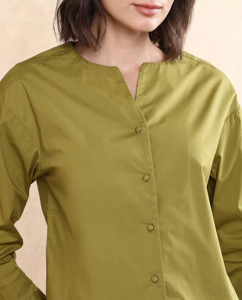 Rareism Women's Cuffed Sleeve Round Neck Button Plain Top
