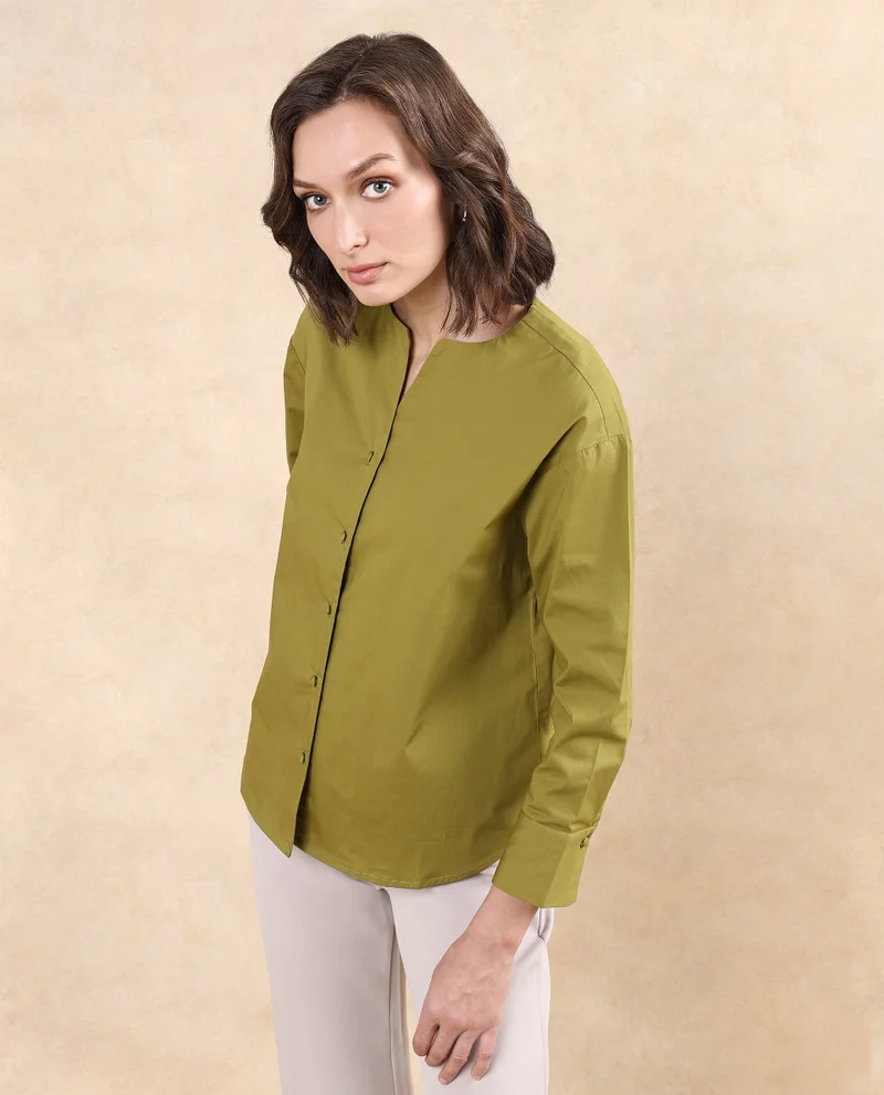 Rareism Women's Cuffed Sleeve Round Neck Button Plain Top