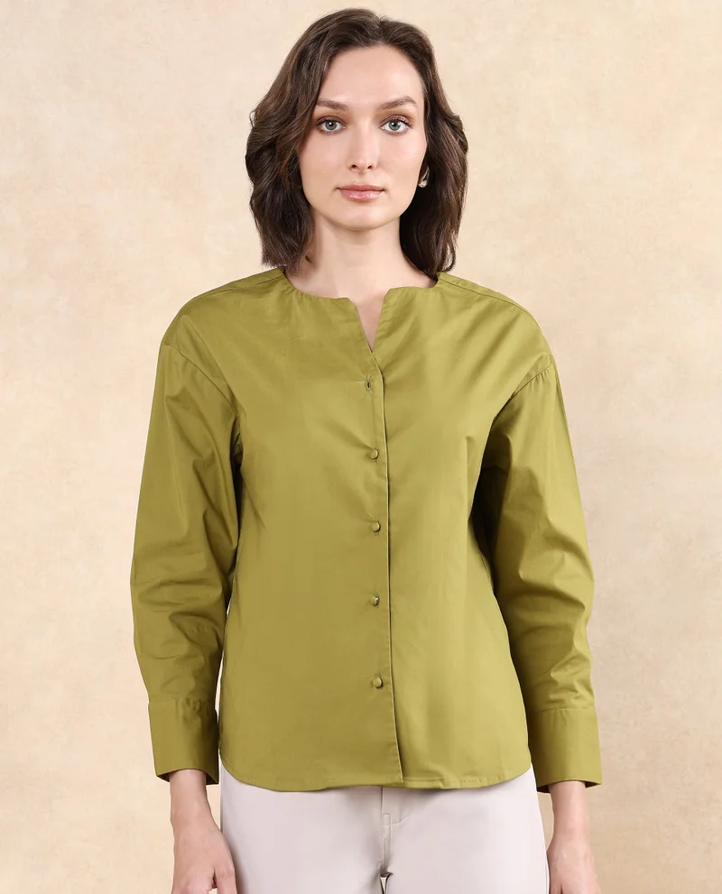 Rareism Women's Cuffed Sleeve Round Neck Button Plain Top