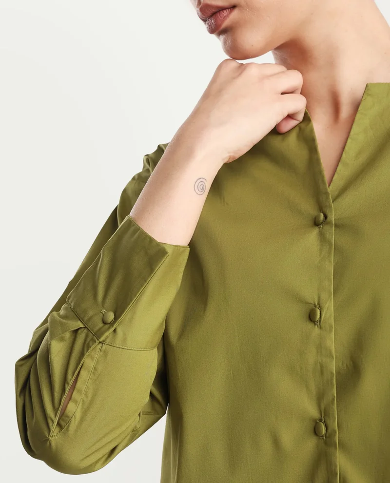 Rareism Women's Cuffed Sleeve Round Neck Button Plain Top