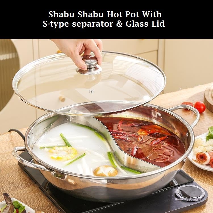 Matiko وعاء ساخن من الفولاذ المقاوم للصدأ 304 مع فاصل، وعاء مع غطاء زجاجي | وعاء ساخن من الفولاذ الغذائي مع فاصل وغطاء زجاجي - مثالي للشابو شابو | وعاء طهي من الفولاذ متعدد الاستخدامات - Image 2