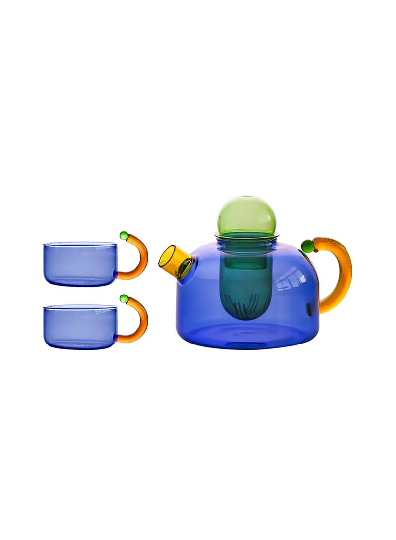 Three-Piece Glass Teapot, Loose Teapot With Tea Infuser, Transparent Teapot, High Temperature Resistant Glass Tea Water Separation Filter Small Tea Infuser Household Teapot Utensil (Blue) - Image 1