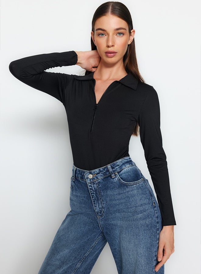 trendyol Black Zipper Collar Detailed Snap Snap Elastic Knitted Bodysuit TWOAW24BD00005 - Image 2